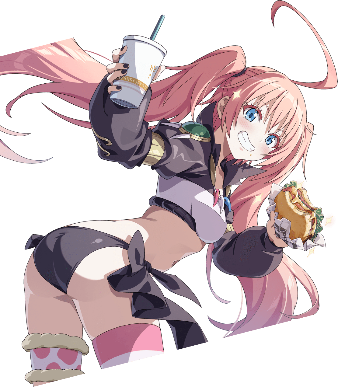 黒と金の衣装で、ハンバーガーと飲み物を手にしたミリムの公式紹介イラスト